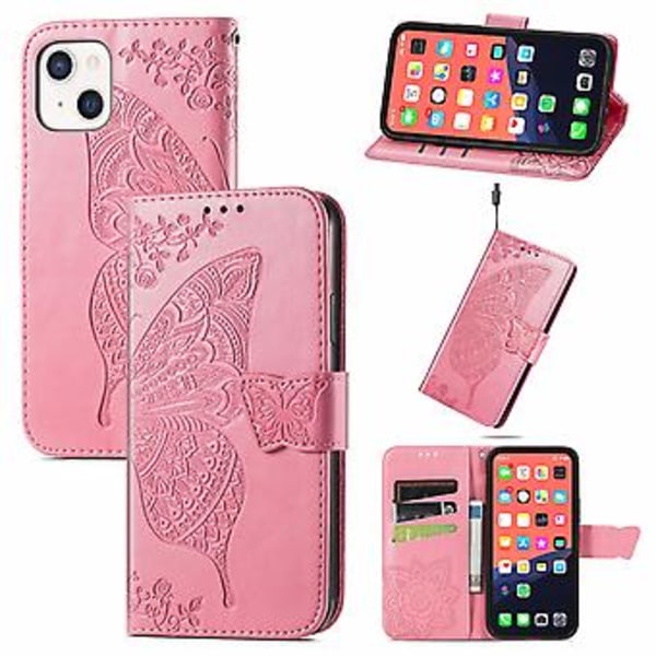 Fjäril Kärlek Blomma Läderfodral För iPhone 13 mini Pink