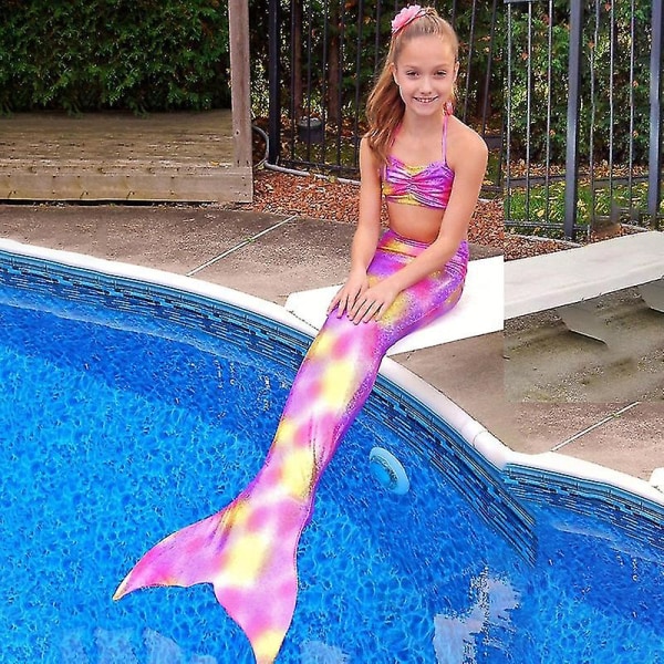Børn Piger Mermaid Tail Bikini Sæt Summer Tie Dye Beachwear Badetøj Badedragt -allin.7-8 Years.Lilla Gul
