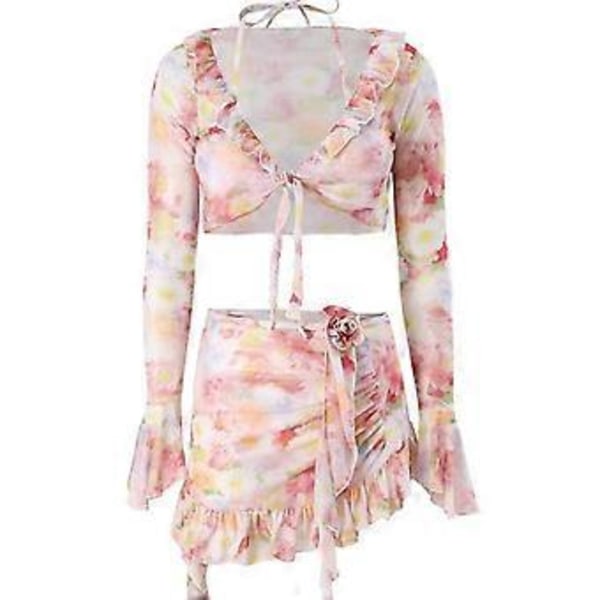 4 KPL Naisten Bikinit Uimapuku Crop Top Bikineillä ja Hameella, Kolmio Bikinit Ylä- ja Alaosa, Halterneck Bikinit Uima-asu Pinkki M M