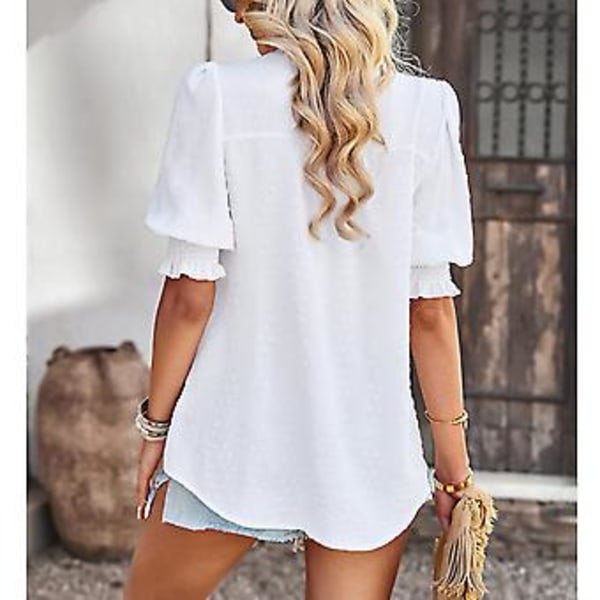Dame Halv Erme V-hals Topp Elegant Moderne Ensfarget Puff Erme Elastisk Rynket Mansjett Skjorte Bluse (L Hvit) White L
