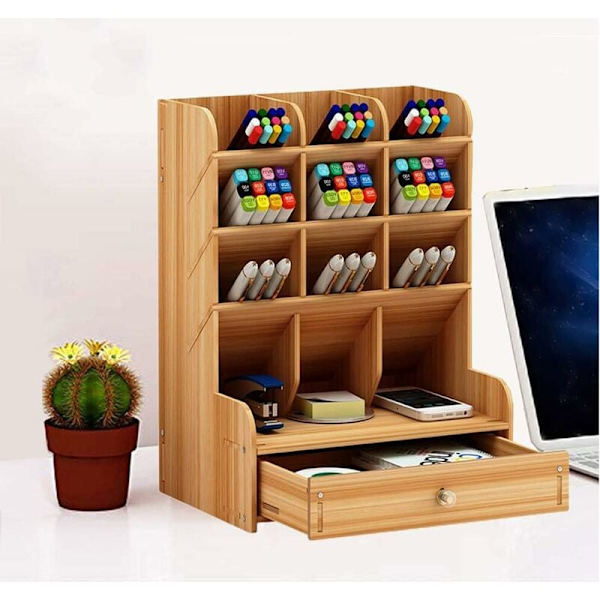 21x15x25cm Skrivebords Opbevaringsboks Træ Desk Media Organizer med Skuffe