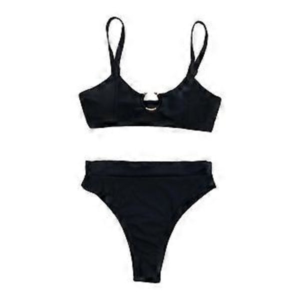 Bikinisæt med stroptop, højtaljede brasilianske badetøj, strandrejse, badedragt, tankini (Sort 1 M) Black 1 M