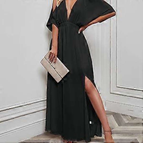 Lang kjole for kvinner, dyp V-hals, lett chiffon, høy splitt, elegant sommerkjole for damer