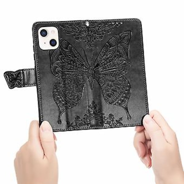 Fjäril Kärlek Blomma Läderfodral För iPhone 13 mini Black