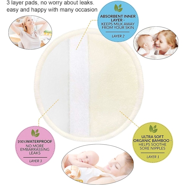 10 stk økologiske ammeinnlegg i bambusfiber, vaskbare og gjenbrukbare, hypoallergeniske og superabsorberende, ammekompresser med 1 klesvaskpose