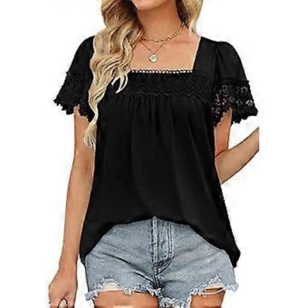 Sort S Blonde Syning Kortærmet Bluse Ensfarvet Kortærmet Top Løs Casual T-shirt til Kvinder