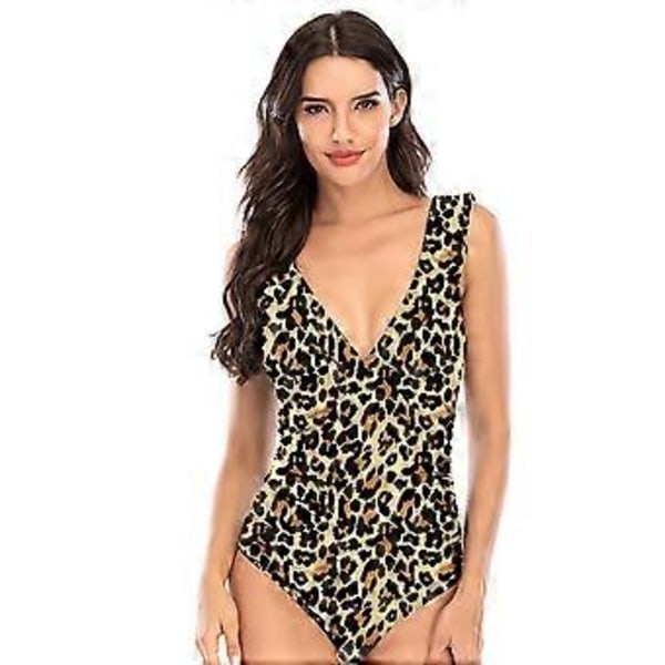 Dame V-hals Hel Badedrakt Rynket Snøring Monokini Leopardtrykk (stil 6173)