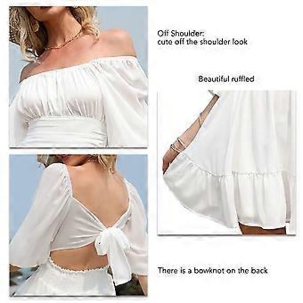 Hvid XL Dame Halv Lantern Ærme Kjole med Bindebånd i Ryggen Flæse Off Shoulder Mini Kjole til Sommer
