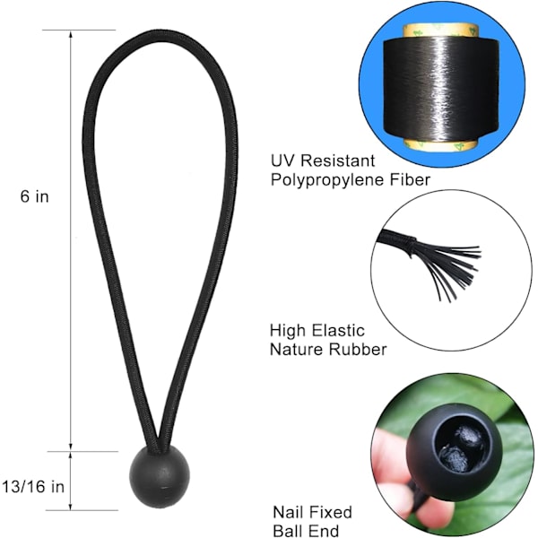 50-pack Bungee Bollar 6 tum, Svart Bungee Snöre för Tältduk, 0
