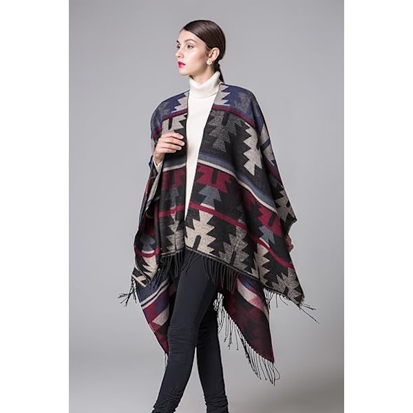 Mörkblå 130 x 150 cm Dam Överdimensionerad Tartan Poncho