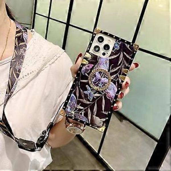 Neliönmuotoinen puhelinkotelo, yhteensopiva iPhone 13 Pro Max:n kanssa, glitter-perhoskuvio, iskunkestävä, kestävä musta puhelinkotelo rengaspidikkeellä + lan