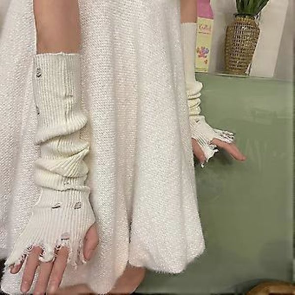 Y2K Fingerløse Handsker til Teenagere Piger Distressed Hulstrik Lange Handsker Kvinder Cool Tilbehør Dekorative Armærmer Lysegrå Light Gray