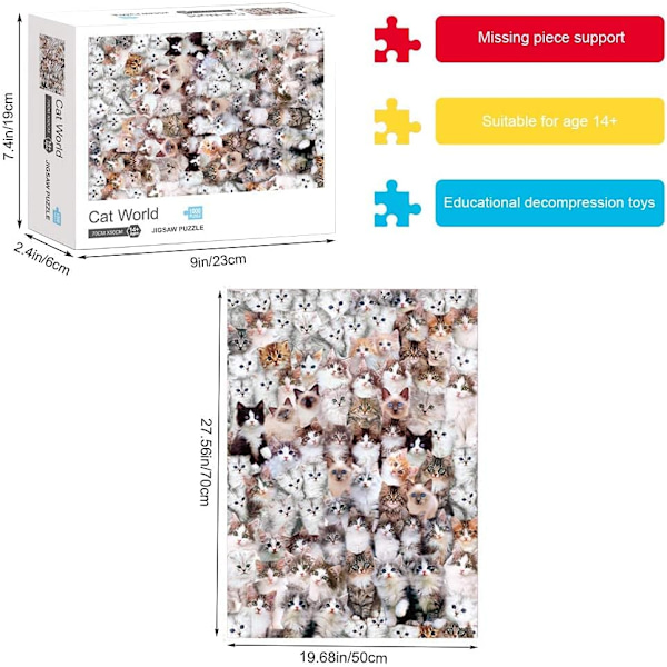 1000 palan puzzle teini-ikäisille, lahjapalapeli, rentouttava palapeli, kissamaailma