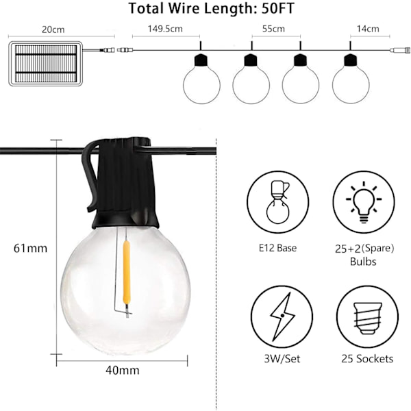 Bomcosy G40 15M Utomhus ljusslinga 27 LED-lampor 4 lägen 2700K W