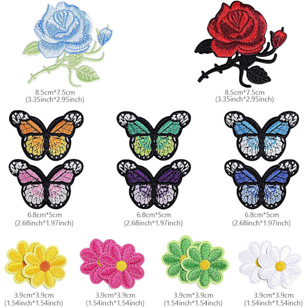 11 stycken blomsterbroderi strykjärns-på-lapp, fjärilbroderi