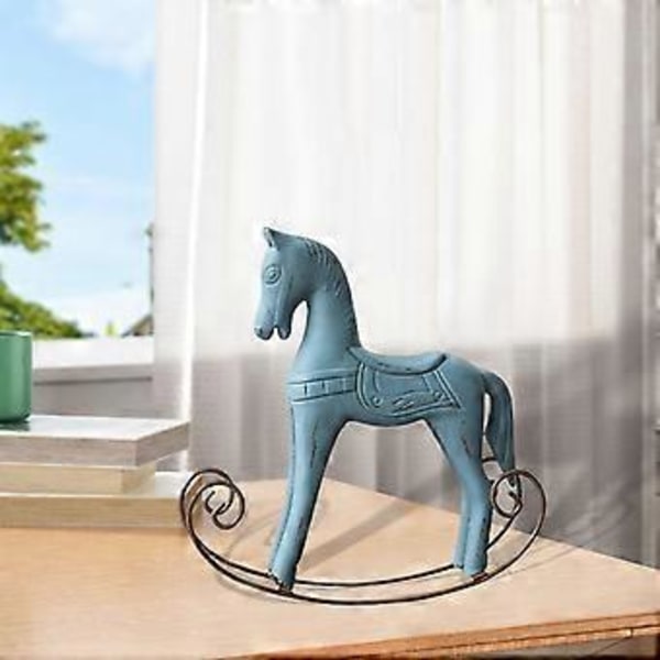 Gyngende Hest Statue Træ Borddekoration Samling Ideel Gave til Soveværelse Cafe (Blå) Blue