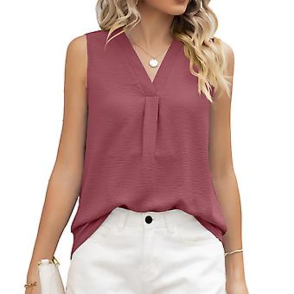 Dame Ærmeløs Top V-hals Ensfarvet Løs Stil Åndbar Moderigtig Sommer Tanktop (MPink) Pink M