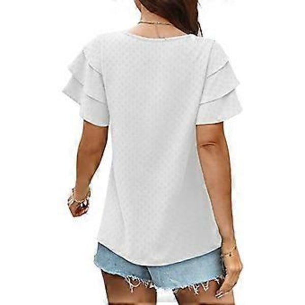 Dam T-shirt Enfärgad V-ringning Volangärmar Trendig Bekväm Kortärmad Topp för Kontor Hemma Dejting Vit M