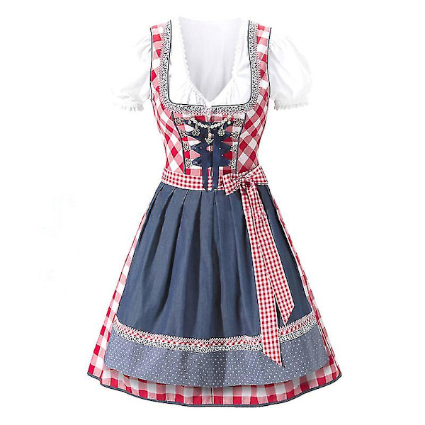 Dam Rutig Dirndl Klänning Tysk Bayersk Oktoberfest Ölserveringsdräkt (vit skjorta+klänning+förkläde).XS.Röd Red XS