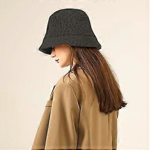 Vinter Fluffig Bucket Hat Fluffiga Varma Luddiga Päls Bucket Hats Vinter Varmare Fiskarmössa Lammull Fiskemössor för Kvinnor (Svart)