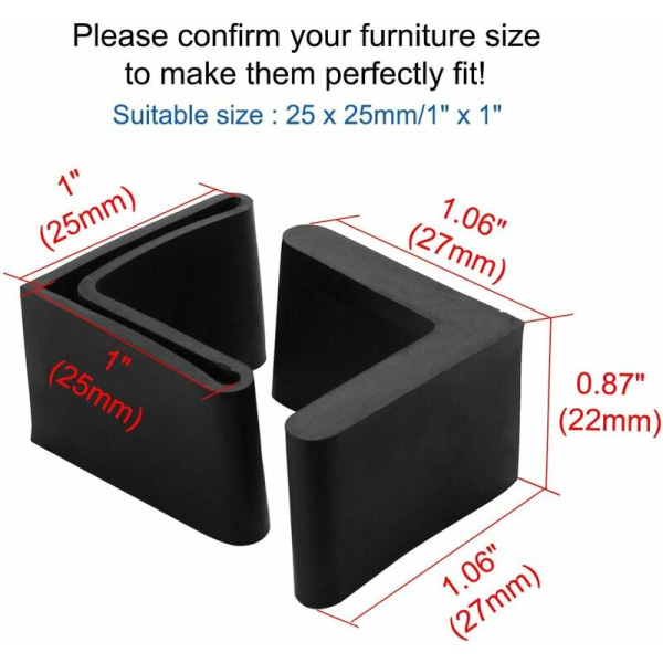 25 x 25 mm Svarta järnstolbensskydd 12 stycken Bordändskydd Möbelbensskydd Gummi Golvform L
