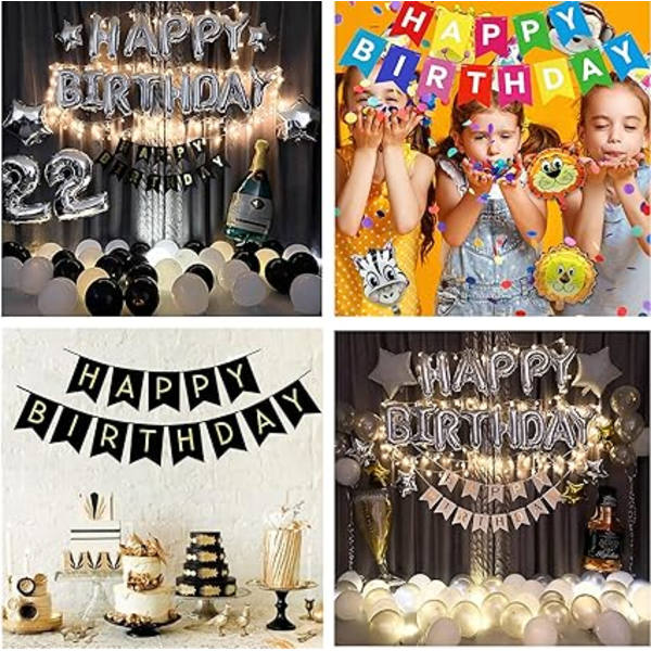 Happy Birthday Flag Pulling Sequin Balloon Set (Svart Guld), Par