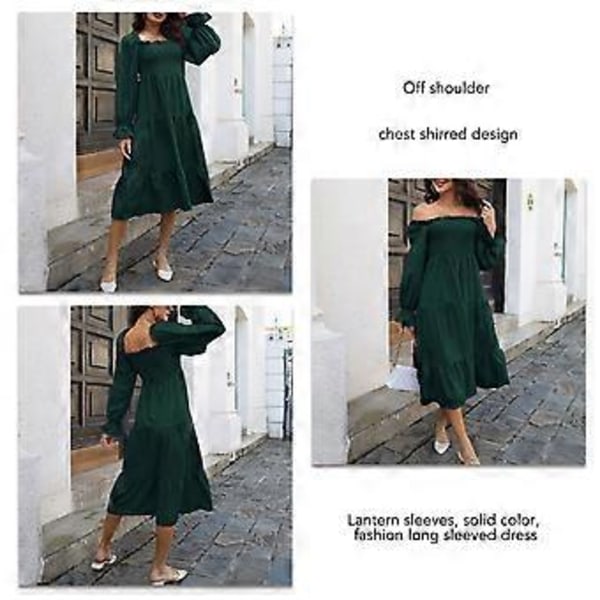 Dame Lanterne Langærmet Kjole Off Shoulder Bryst Rynket Flæseærme Ensfarvet Hem Kjole