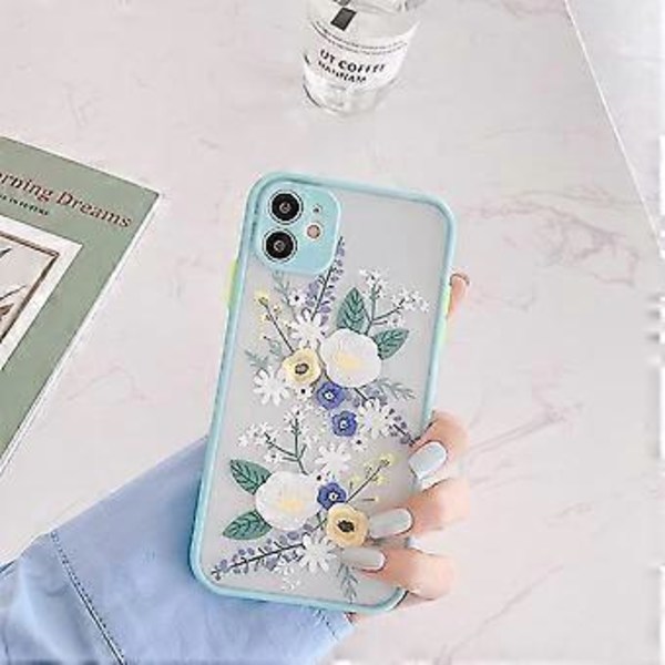 Kompatibelt skal för iPhone 11, genomskinligt blommigt frostat PC-baksida, blommigt för flickor och kvinnor, och mjukt TPU skyddande silikonskal, slimmat skal för iPhone 11 - Blå