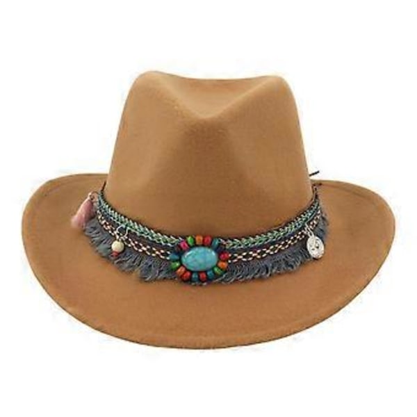 Uformell Unisex Voksen Cowboyhatt Fedoras Caps Solhatt Jazz Topphatt Kostyme for Strand (Lys Brun)