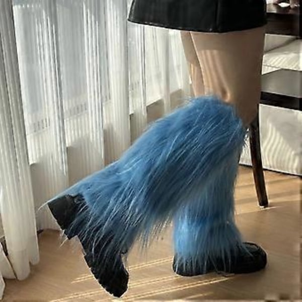 Harajuku Punk Fuzzy Leggvarmere for Kvinner Myke Fortykket Plysj Støvelmansjetter Deksel for Vintermote og Kostymefester Svart Black