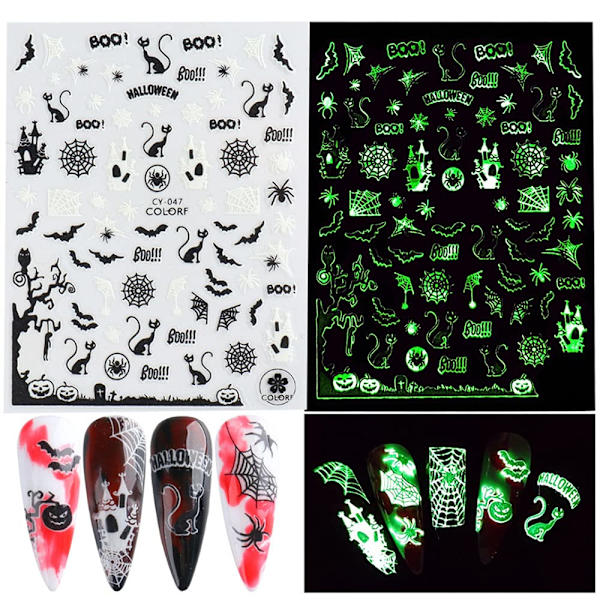 Halloween Nagelstickers 3D Lysande Halloween Naglar Självhäftande