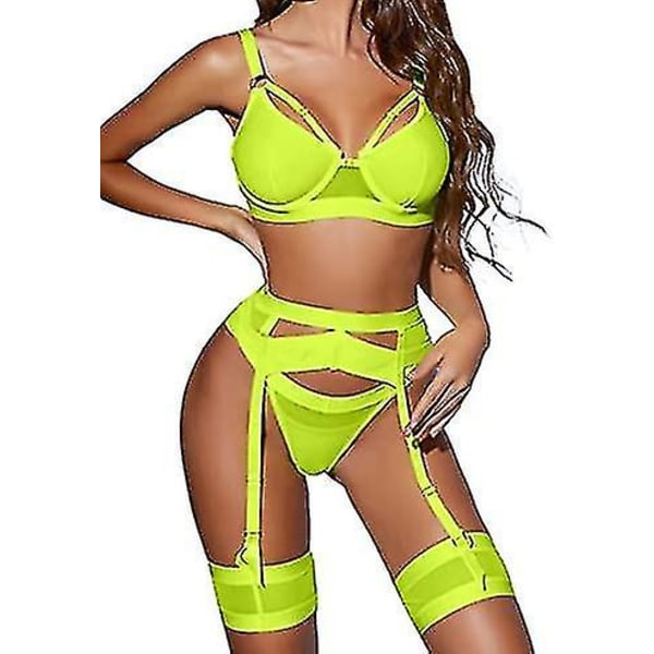 Sexy Lingerie Set For Women 4 Piece Bra And Panty Set With Garter Belt Strappy Lingerie Set With Thigh Cuffs.XXL.yellow