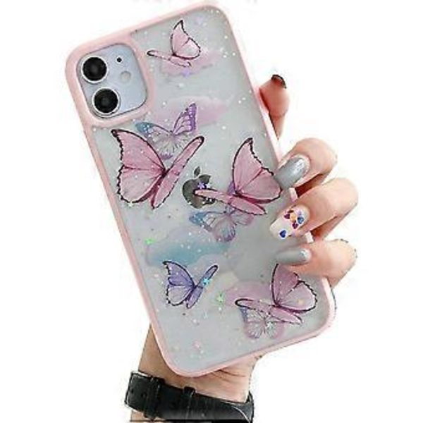 iPhone 11 Fjärilsfodral, Shinymore Söt Fjäril Glitter Stötsäker Mjuk Silikon Transparent Tjej Kvinna Omslag Fodral för iPhone 11 Rosa