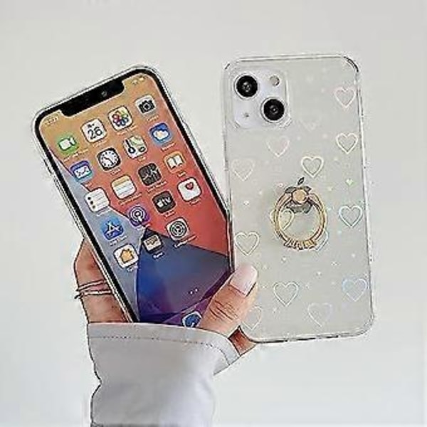 Kompatibel med iPhone 13 Skal, Klar Glittrig Laser Stötsäker Skyddande Fodral med Diamantring Ställ Mode Färgglatt Glitter Kärlek Hjärta