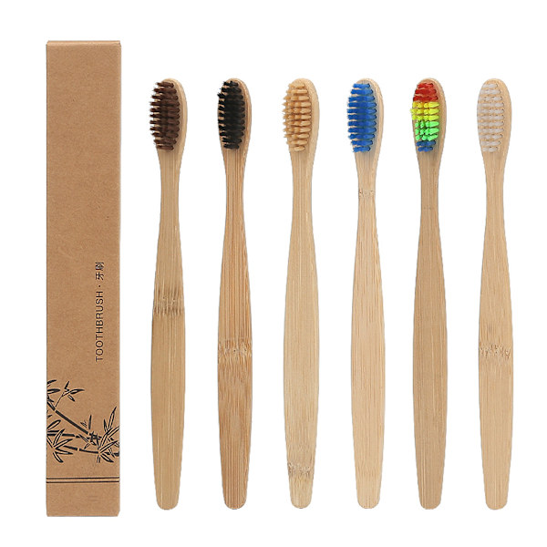 Set med 6 st bambu-tandborstar, mjuk tandborste, biologiskt nedbrytbar N