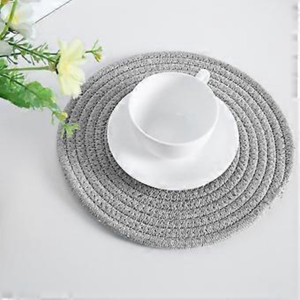 Rund Handgjord Bordsunderlägg i Bomull, Handstickad Dyna (30cm, Ljusgrå)