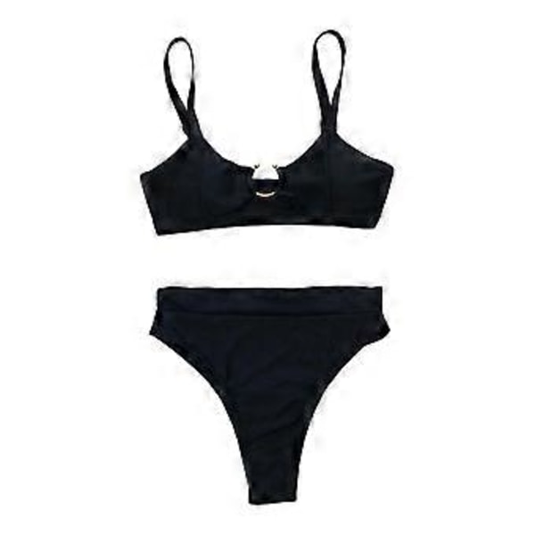 Bikinisæt med stroptop, højtaljede brasilianske badetøj, strandrejse, badedragt, tankini (Sort 1 XL) Black 1 XL