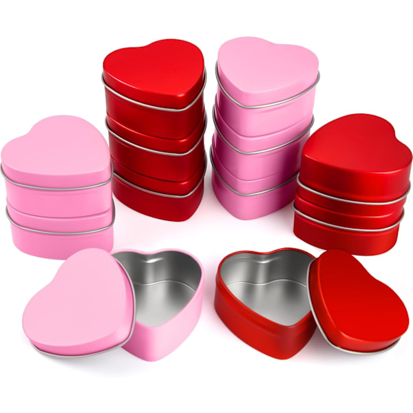 12 hjerteformede blikkbokser med lokk til Valentinsdag, Valentinsdag-lysbeholdere, hjerteformede godteribokser, metallbokser (rød, rosa)