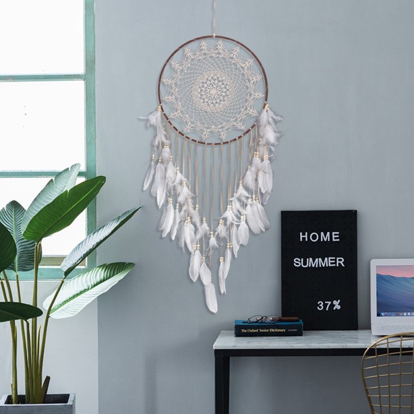 Boho Drømmekatcher med Lys - Stor Hvid Fjer Macrame Væghæng