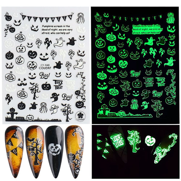 Halloween Nagelstickers 3D Lysande Halloween Naglar Självhäftande