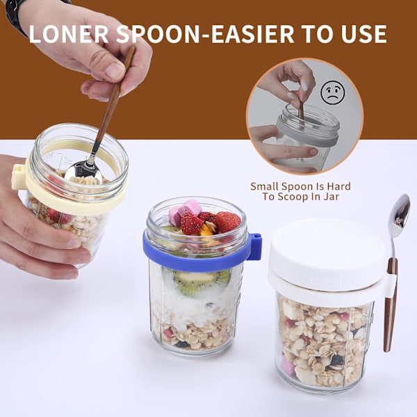 2-delad glasburk för overnight oats med lock och sked, återanvändbar glasburk med skala, frukostburk för förvaring av mjölk, flingor, frukt (vit)