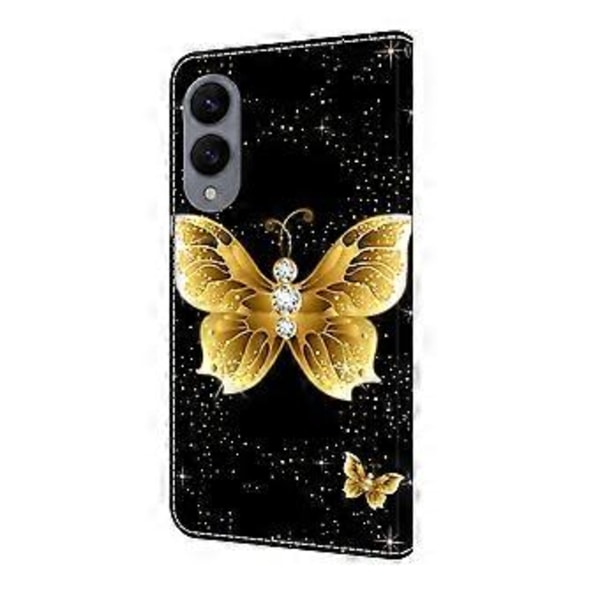 Læderetui med mønstertryk, tegnebog, stativ og flip-cover til Samsung Galaxy S25 Edge Golden Butterflies