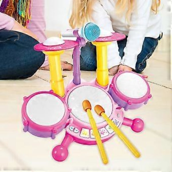 Trumset för Barn med Mikrofon, Ljus Baby Lärande Leksak Musikleksak för Bebisar 6 till 12 Månader Barn Semester Rosa Pink