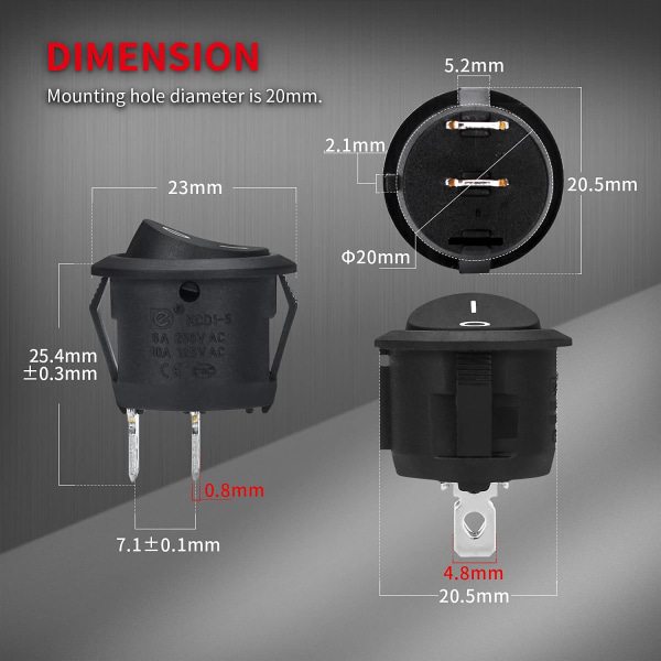 Rund vippebryter ON Av SPST 20mm Mini vippebryter f