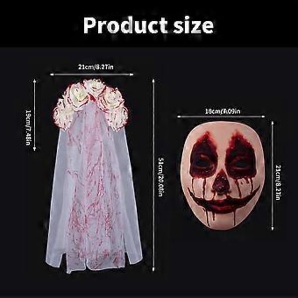 Gotisk Brudeslør til Kvinder Halloween Kostume Tilbehør Slør Ansigtsmaske Blodig Blomst Hårbøjle Slør til Temafest SET