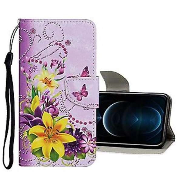 Farvet Tegne Etui til iPhone 12 Pro Max Yellow Flower Butterfly