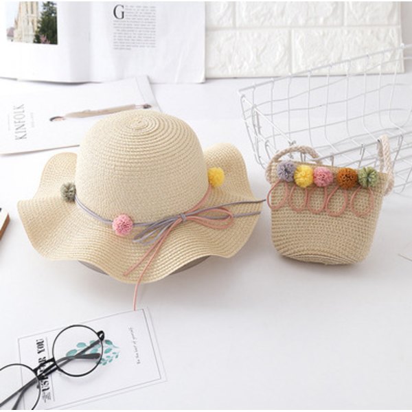 Beige 2-osainen setti (hattu+laukkusetti 47-53CM) Tyttöjen aurinkolakki Lapsi Summ