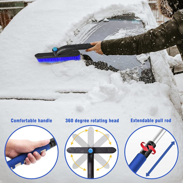 Blå fyra-i-ett snöskrapa med expanderbar vindruta snöborste