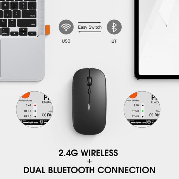 Sort Bluetooth Mus, Triple Mode Genopladelig Støjsvag Bluetooth