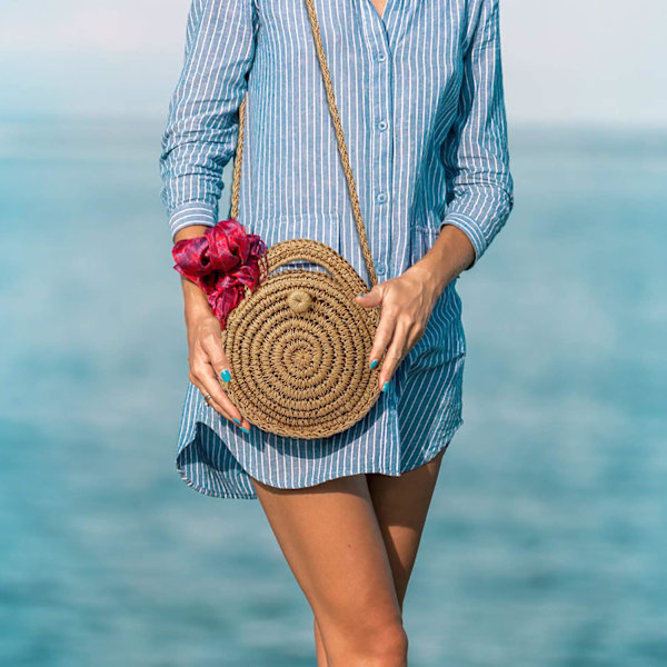 Rund halmbag til kvinder, sommerstrandtaske, rattan crossbody skuldertaske